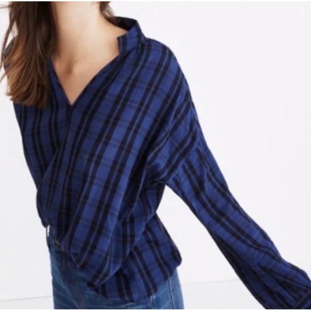 Madewell Highroad Popover Plaid Long Sleeve Blouse Black Blue Womens Medium